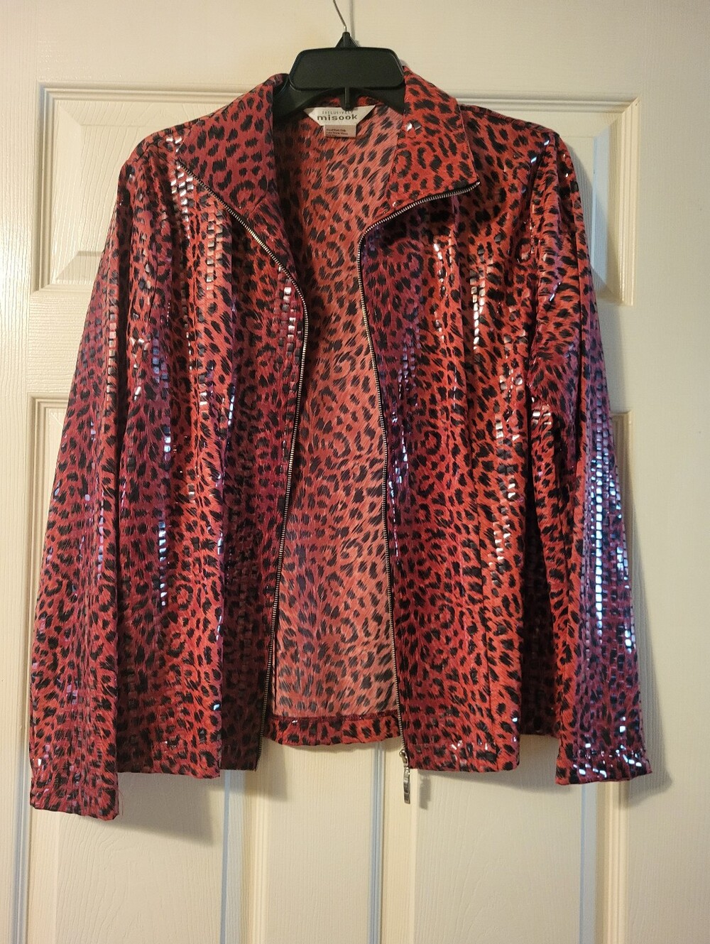 Misook Red Leopard-Print Zip Jacket Large